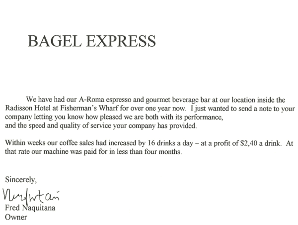 Testimonial from Bagel Express Restaurant on how great our coffee machine is doing in their restaurant.